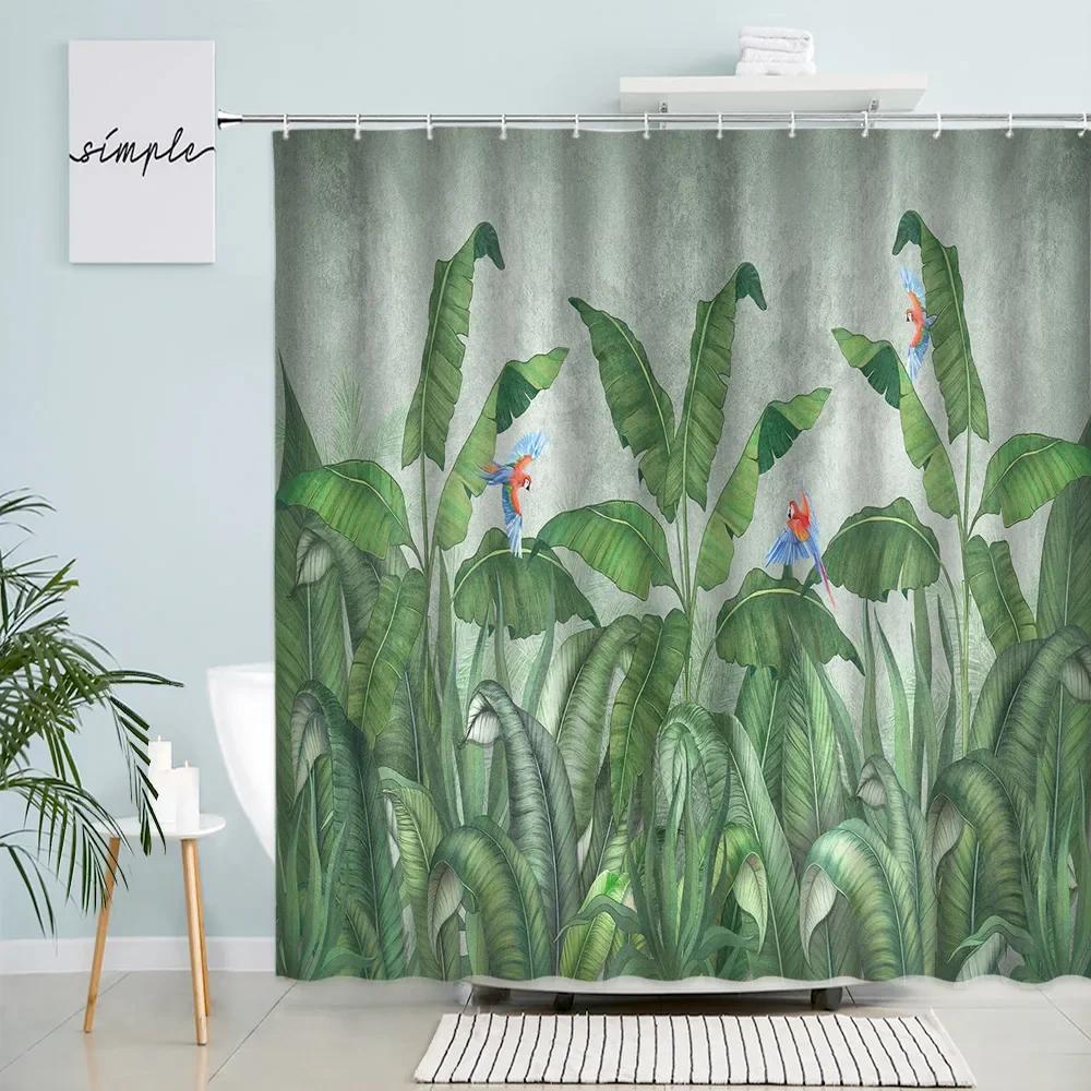 Tropical Plant Leaves Shower Curtains Creative Monstera Palm Banana Leaf Parrot Print Bath Curtain Set Bathroom Decor With Hooks