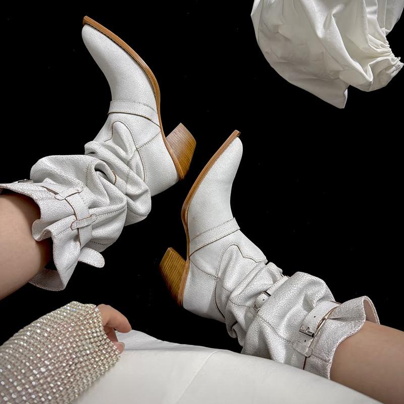 Cowhide version~ European and American Spice Girls style pointed white stacking boots Western cowboy boots women's wide knight boots long boots