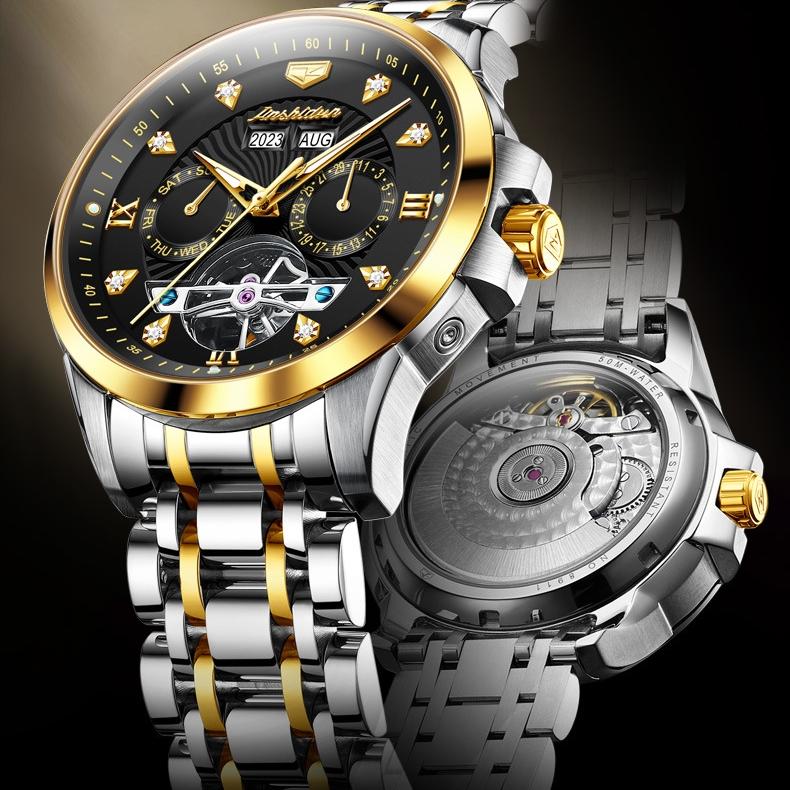 JINSHIDUN Tourbillon Automatic Mechanical Watch, Multi-functional Sports Waterproof Luminous Men's Watch