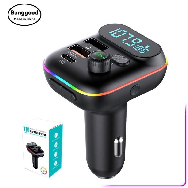 

T70 Colorful Ambient Light Car Bluetooth MP3FM Transmitter QC3.0 Fast Charge PD Card Plug in U Disk Play Song Mini