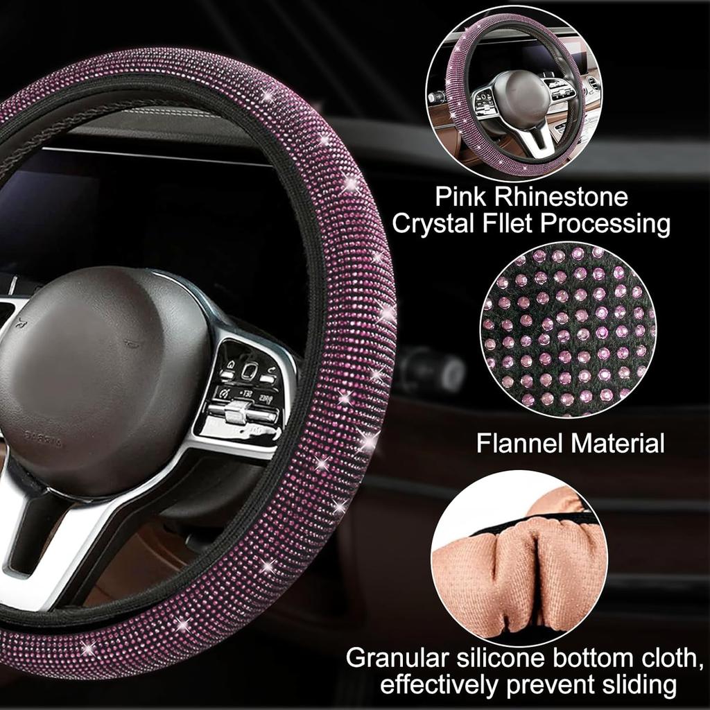 7Pcs/Set Shiny Rhinestones Car Steering Wheel Safety Belt Shifter Cover Cup Mat Start Button Ring Kit
