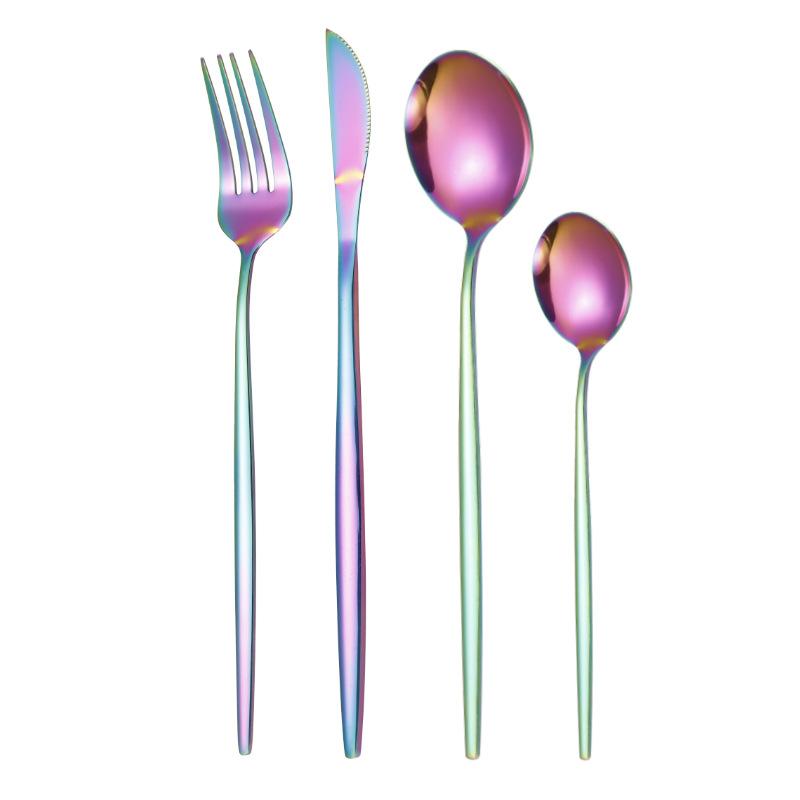 

4Pcs Dinnerware Set Rainbow Tableware Dinner Set Stainless Steel Cutlery Set Mirror Knife Fork Tea Spoon Silverware Flatware Set