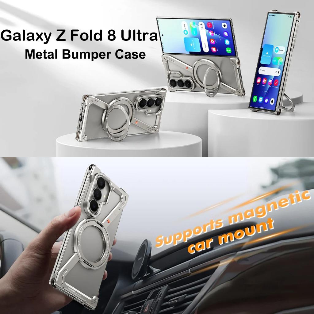 Metal Bumper Case for Samsung Galaxy Z Fold 8 Ultra 360° Rotation Magnetic Stand Shockproof Drop Protection Frameless Cover