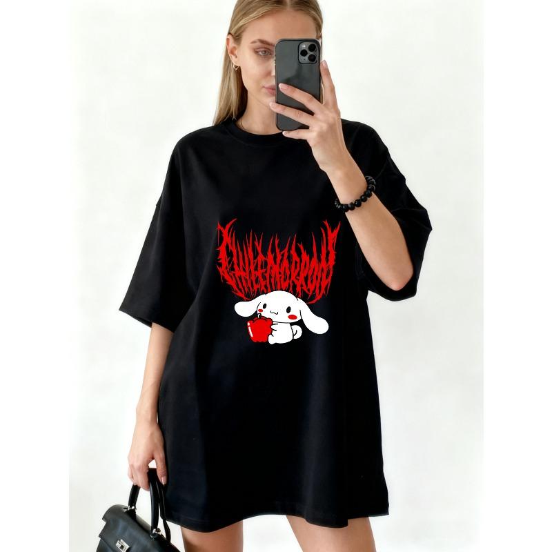 Oversized T Shirt Black Cute Bunny Holding Apple With Red Text Design For Casual Wear