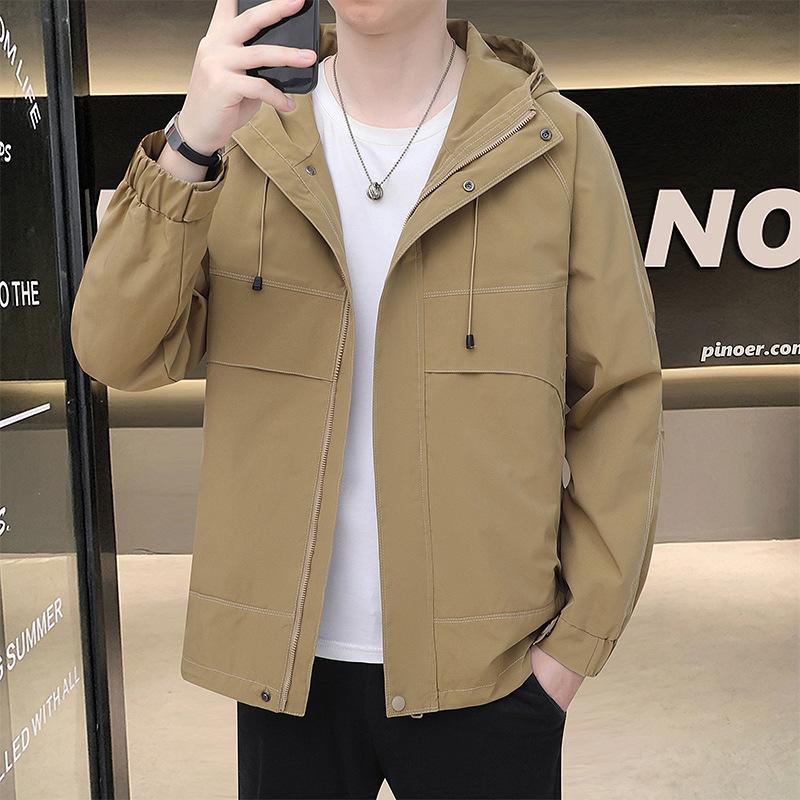 Automne et Hiver Nouvelle Veste Veste d'Outil pour Homme Jeune Coupe-vent Imperméable Veste d'Extérieur Veste à Capuche Couleur Unie