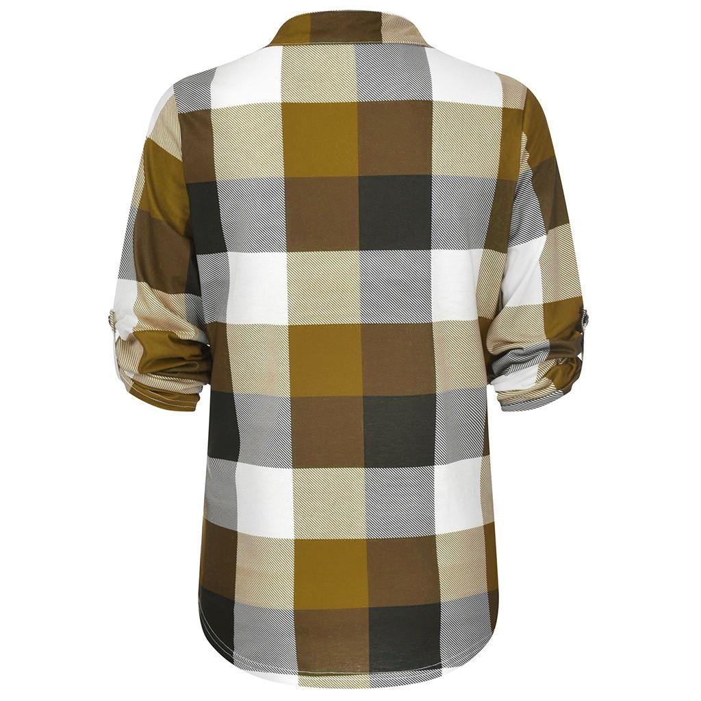 Maglietta a maniche lunghe da donna, casual, con scollo a V, a quadri, aderente, lunga