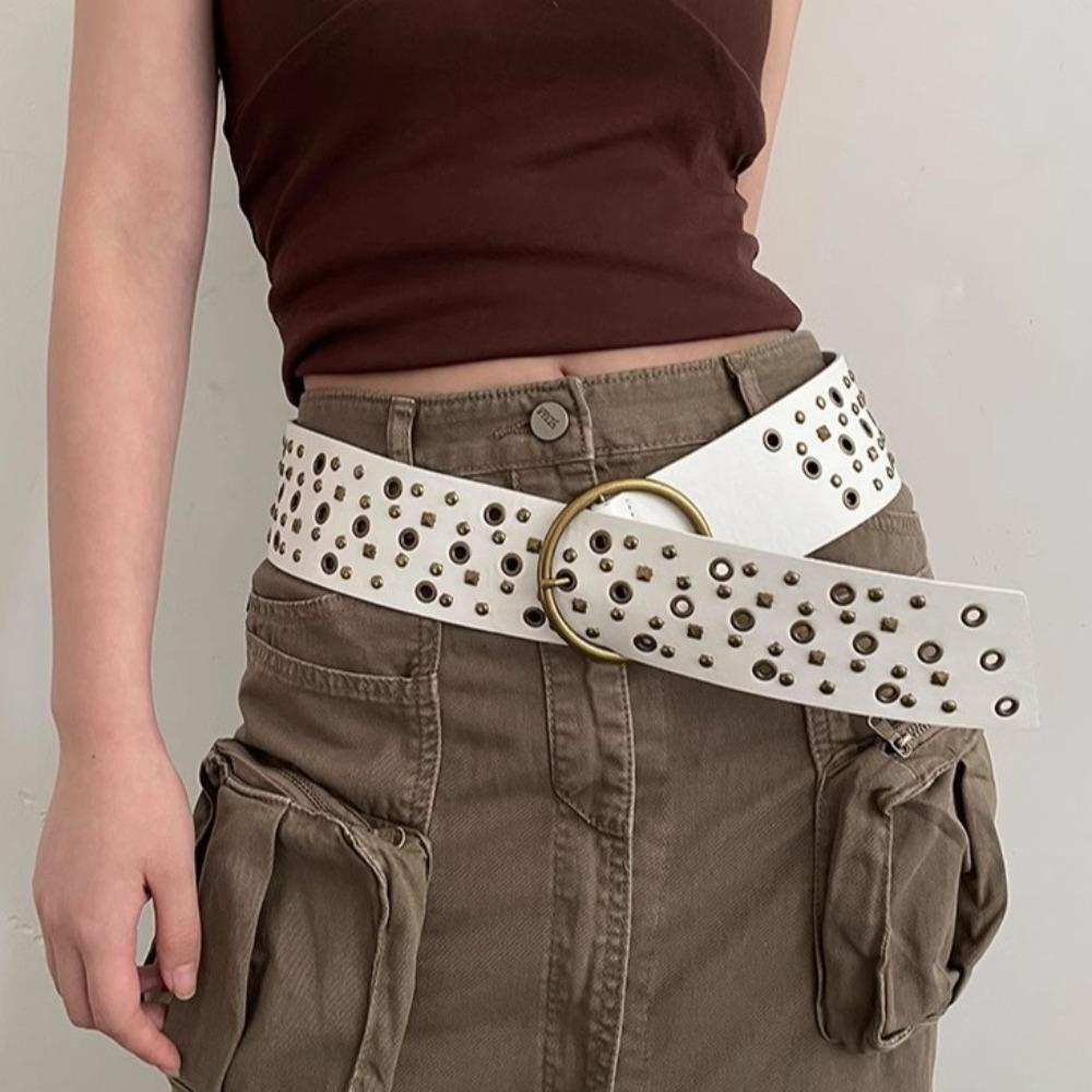 Y2K Wide Waistband Rivet PU Leather Belt Elegant Cowgirl Belt Clothing Accessories