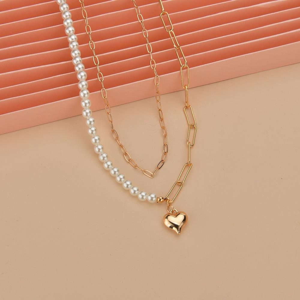 Gold Love Chain Pearl Splicing Double Stacked Necklace Ins Cold Wind Collarbone Chain Necklace