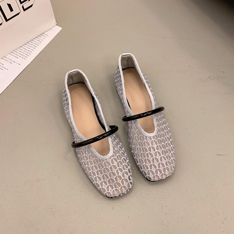 

Fashion Silver Slip-On Single Womens Summer 2025 New Woven Breathable Mesh Shallow Mouth French Flat Mary Jane Sandals 40