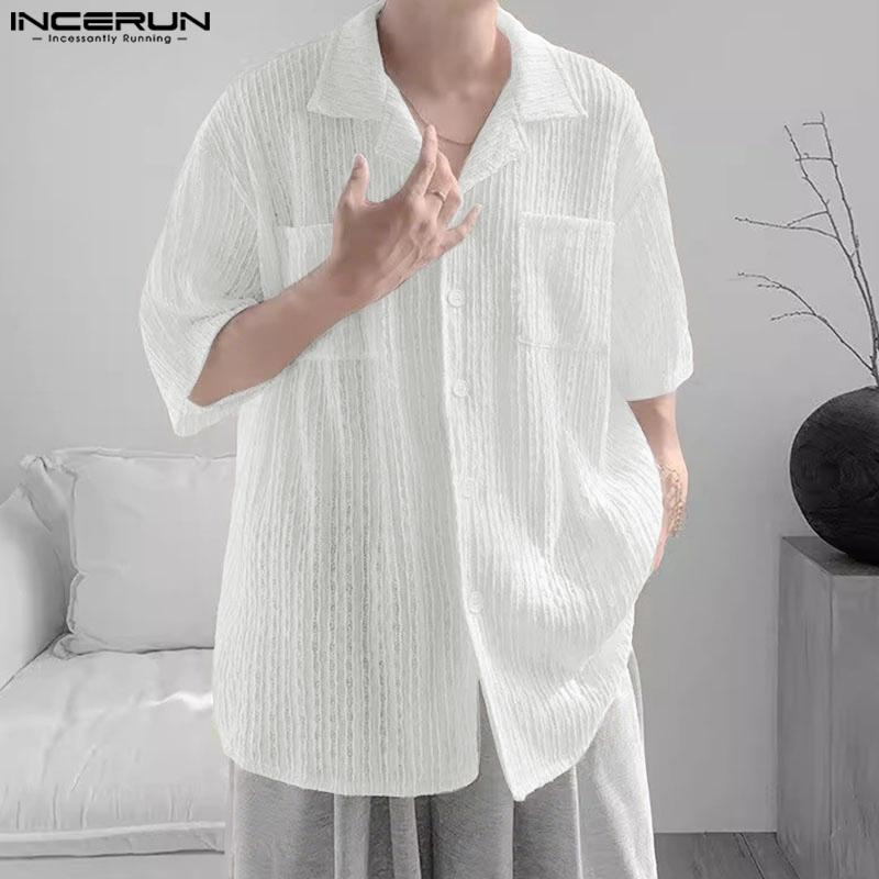 INCERUN Plus Size Men Lapel Neck Short Sleeve Texture Casual Shirts Tops