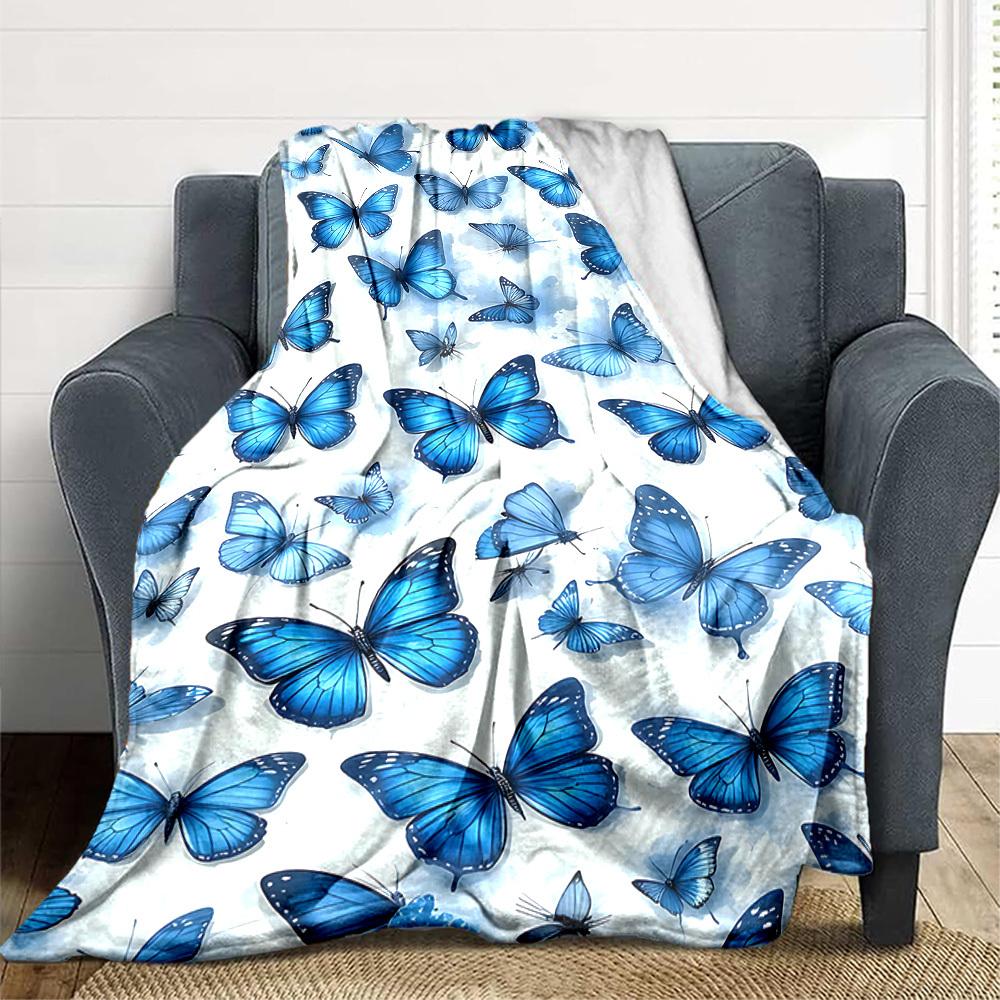 1pc Blue Butterflies Lightweight Flannel Blanket, Comfortable and Warm Blanket, for Office and Camping Sofa Bed, Livingroom031