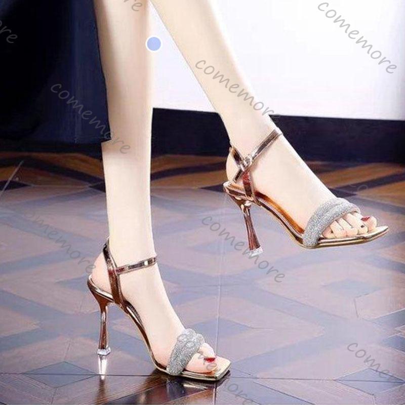 Fashion Comemore Silver Rhinestone Open-toe High-heeled Sandals for Women Sexy Thin Heel Ladies Summer New Square Toe Sandales Femmes