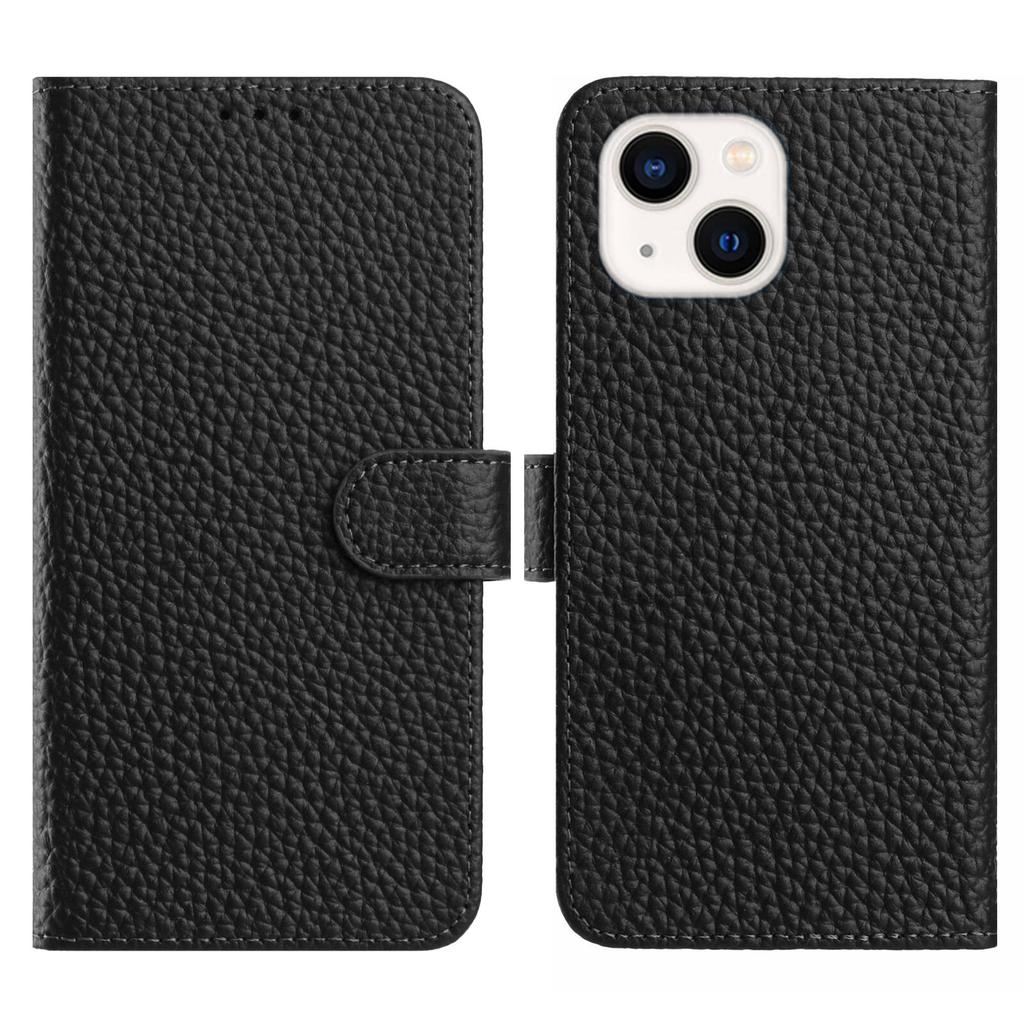 For iPhone 15 Plus Case Wallet Stand Litchi Texture Genuine Cow Leather Flip Phone Cover