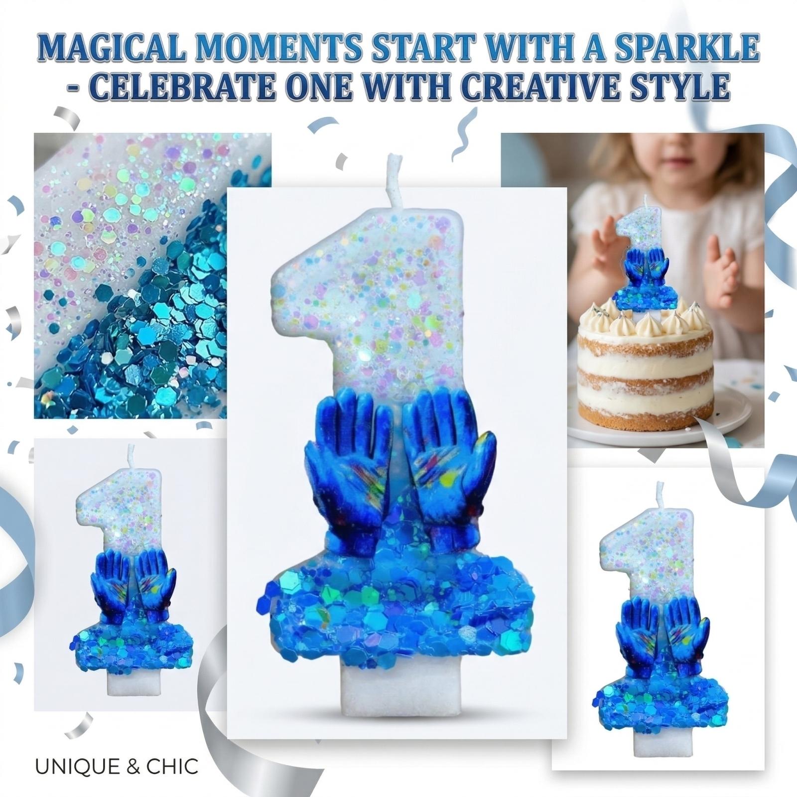 

Number One Shaped Decorative Candle with Glitter Detailing and Raised Hand Motif for Celebratory Occasions and Events one size