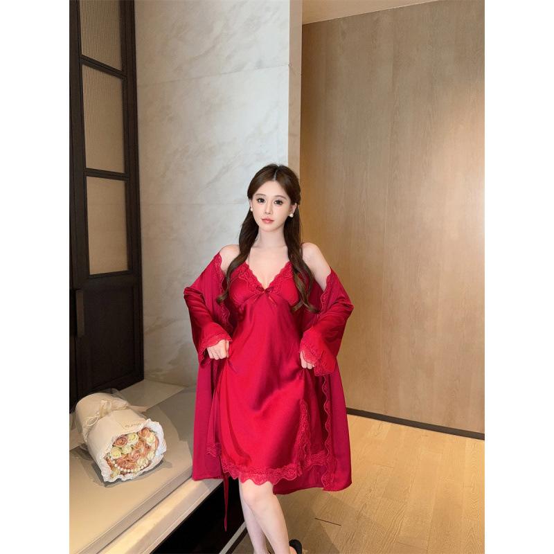 Moonlight Variations Shu Solid Color Pajamas Women's Chest Pad Ice Silk Suspender Pajama Two-piece Set Pure Desire Skirt and Robe Set