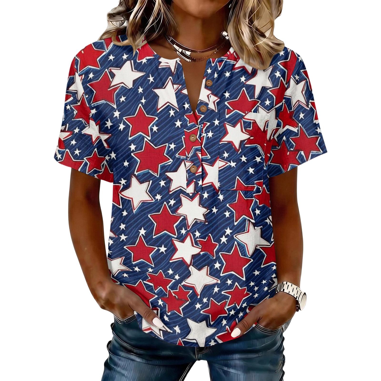 Women Casual Short Sleeve Henley Shirt Button Neck Cotton Linen Blend Relaxed Fit Patriotic Print Blouse XL