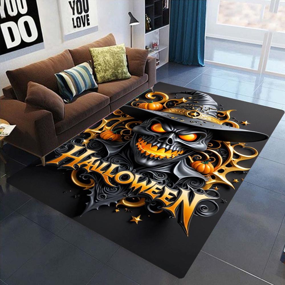 Halloween Carpet Mat Rug Gothic Pumpkin Skull Witch Hat Haunted House Bat Print Festive Home Decoration Living Room Floor Decor
