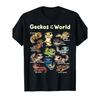 Kawaii Gecko-Liebhaber T-Shirt für Damen & Herren - Schwarz mit buntem Gecko-Arten-Design & Beschrifteten Reptilienarten (Gecko, Leopard, Tokay, Kronen-,