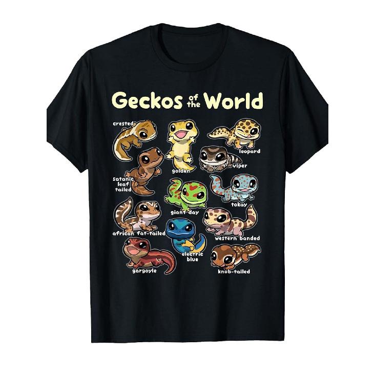 Men S & Women S Kawaii Gecko Lovers T-Shirt - Black with Colorful Gecko Species Design & Labeled Reptile Types (Gekko, Leopard, Tokay, Crested, S чёрный
