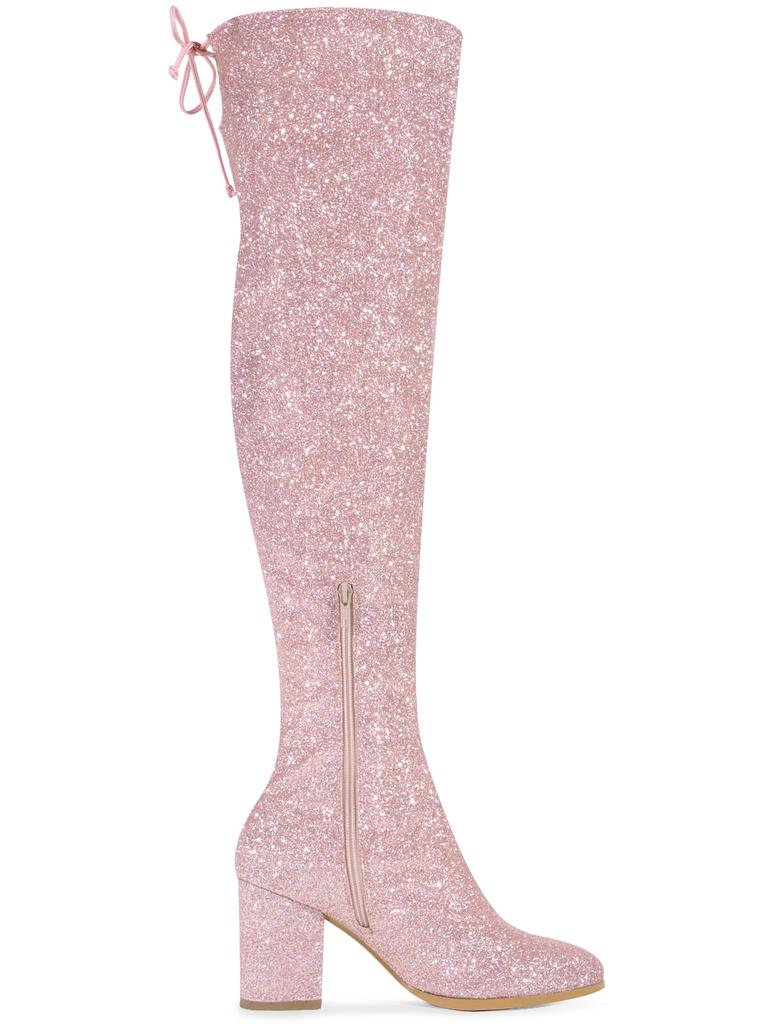 Allegra K Women's Glitter Round Toe Chunky Heel Over-the-Knee Boots, Pink, Size 24.0cm