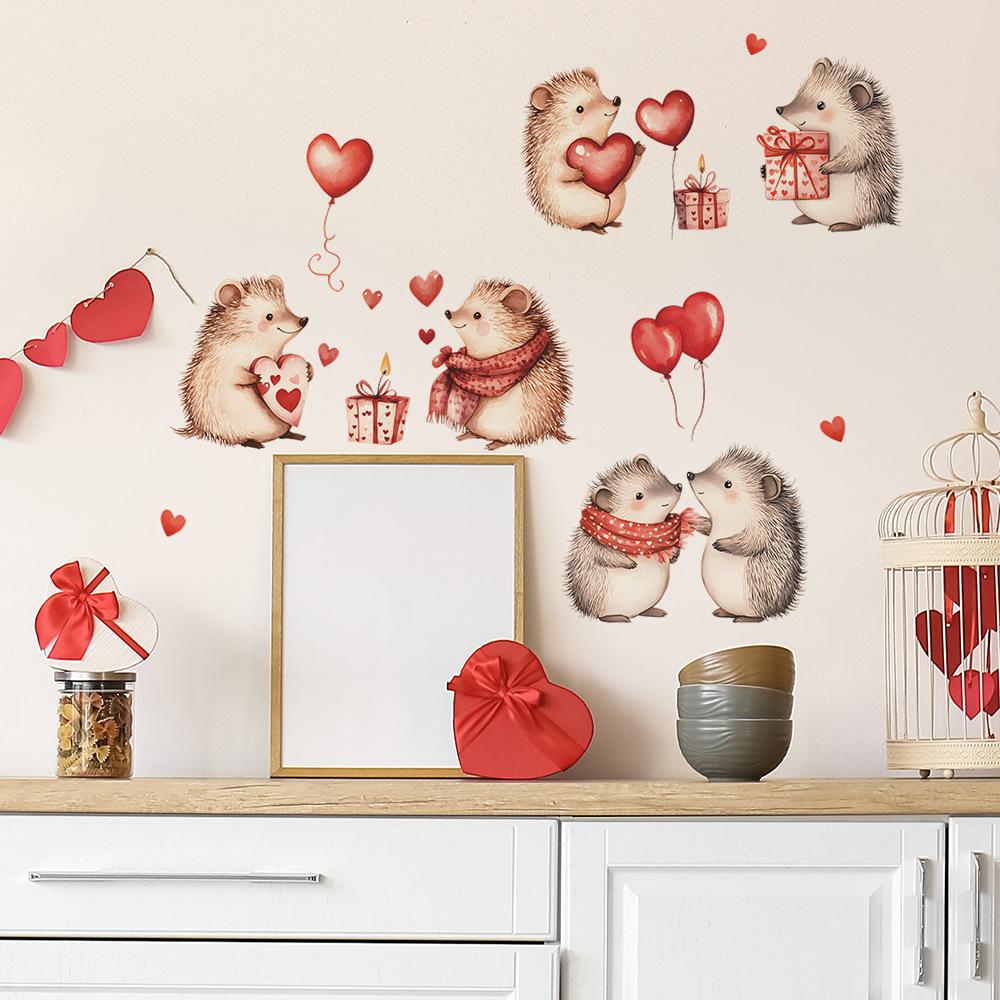 Valentine's Day Hedgehog Heart Balloon Bedroom Living Room Entrance Hall Home Background Beautification Wall Stickers