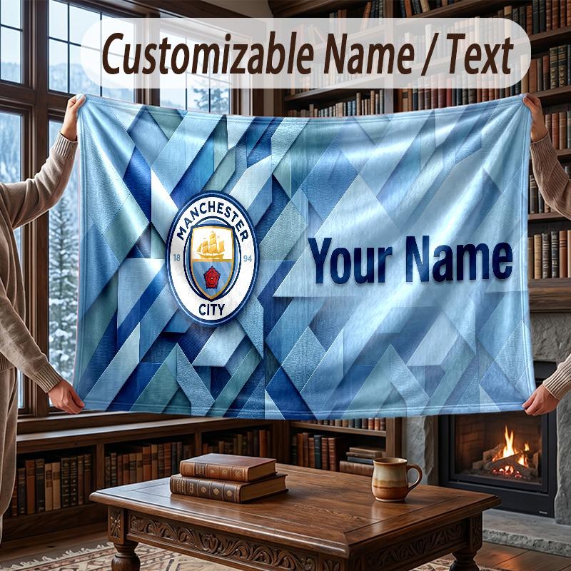 Custom Name Flannel Throw Blanket Manchester City Pattern Warm Home Decoration