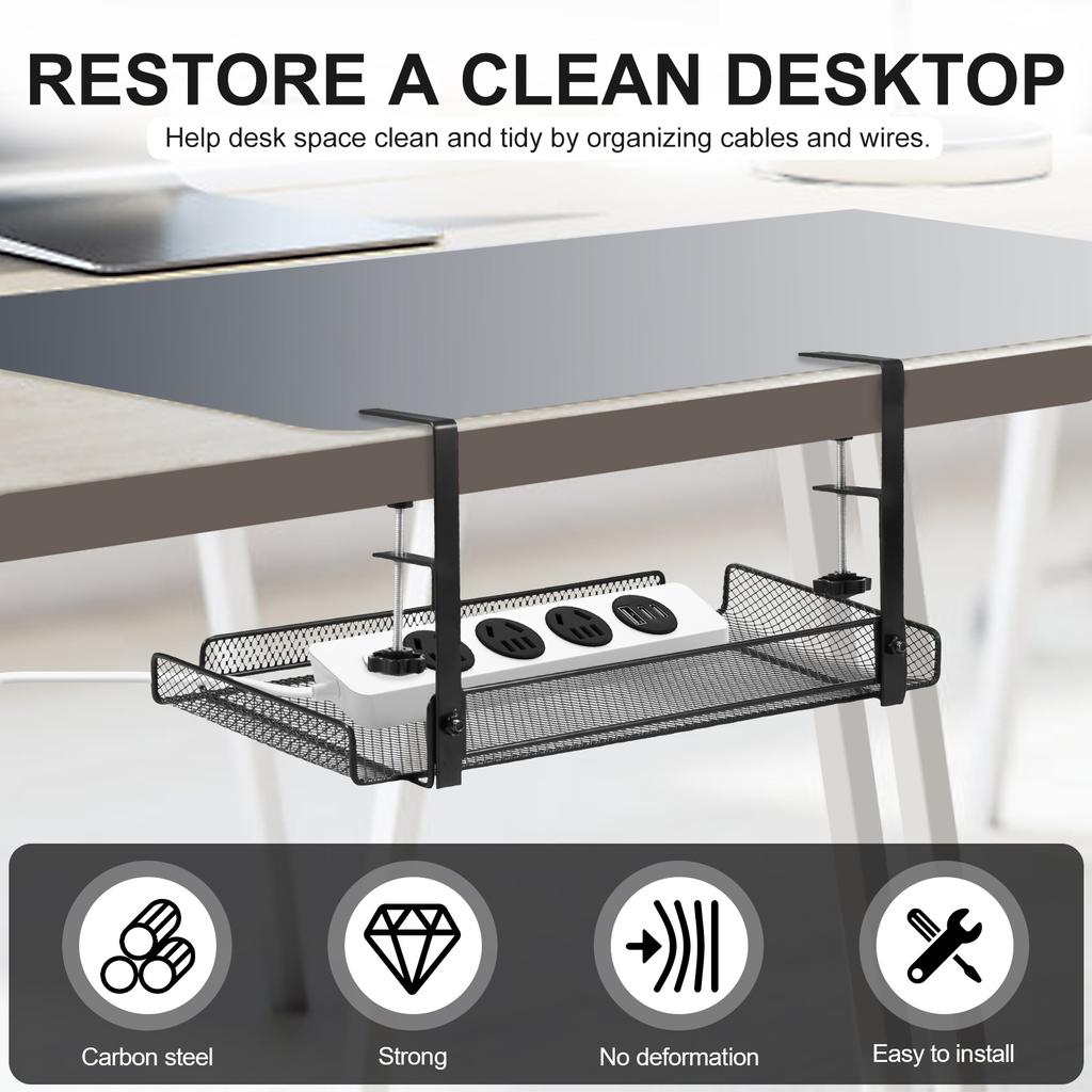 Under Table Storage Rack Under Desk Cable Management Tray with Clamps No Drilling Sturdy Spacious Supplies for Wire Management