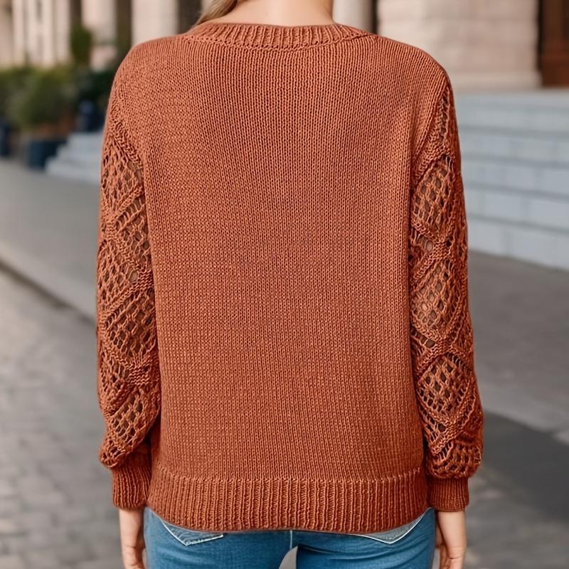 Spring and Autumn Jacket Hollow Knitted Sweater Women's Pullover Long-sleeved Crochet Jacquard Loose V-neck Bottoming Top