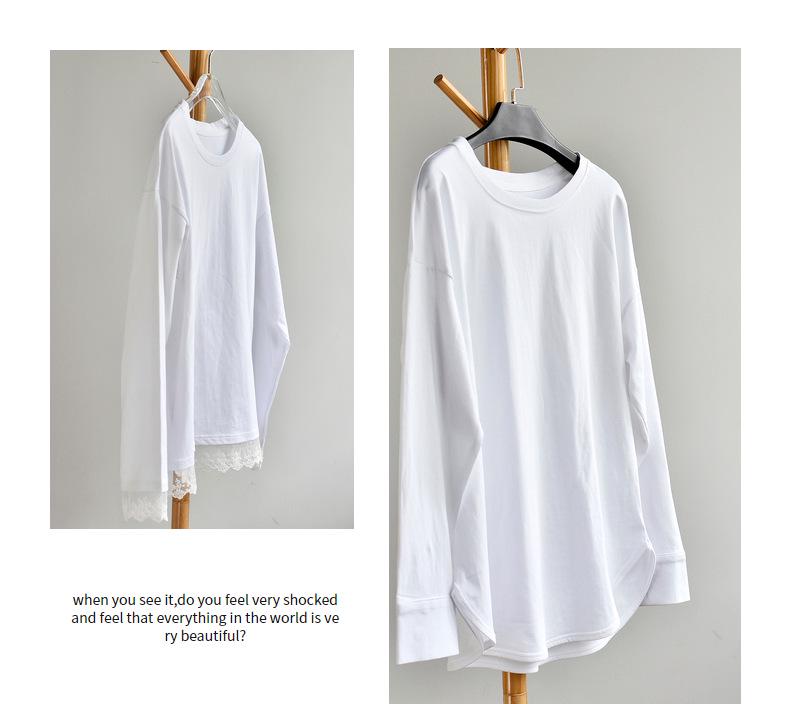 Lace Spliced Plus Size Pure Cotton Long Sleeve T-Shirt - Mid-Length Early Autumn Women's Top