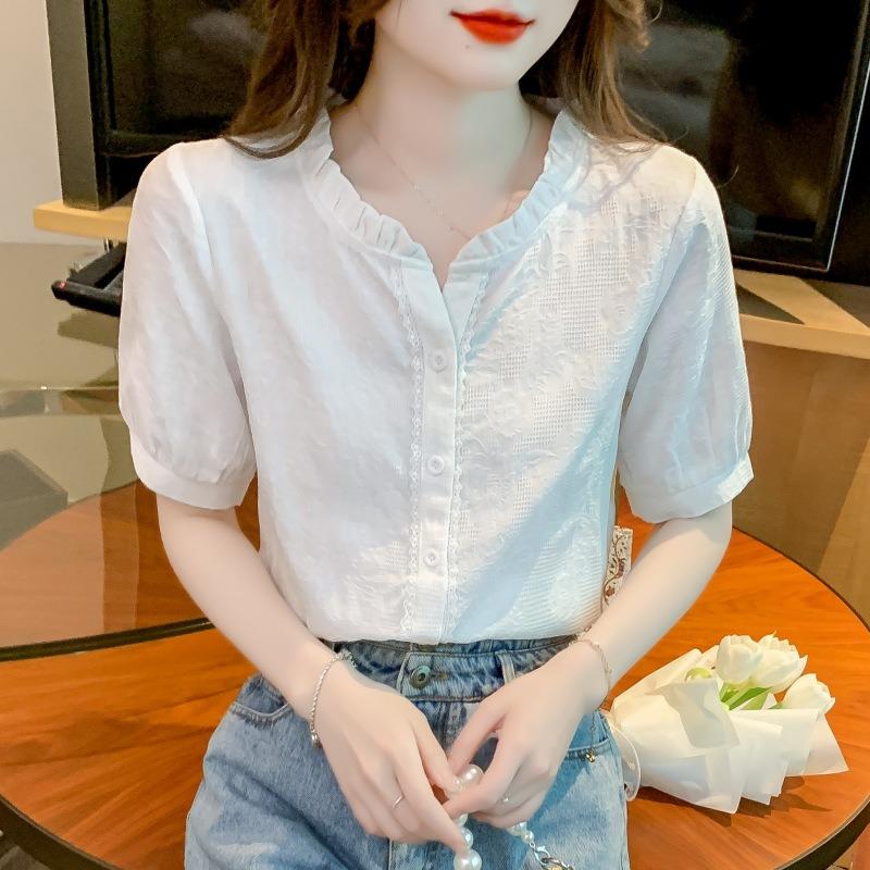 Women Ruffled Collar Cotton Jacquard Embroidered Short Sleeve Casual Blouse S