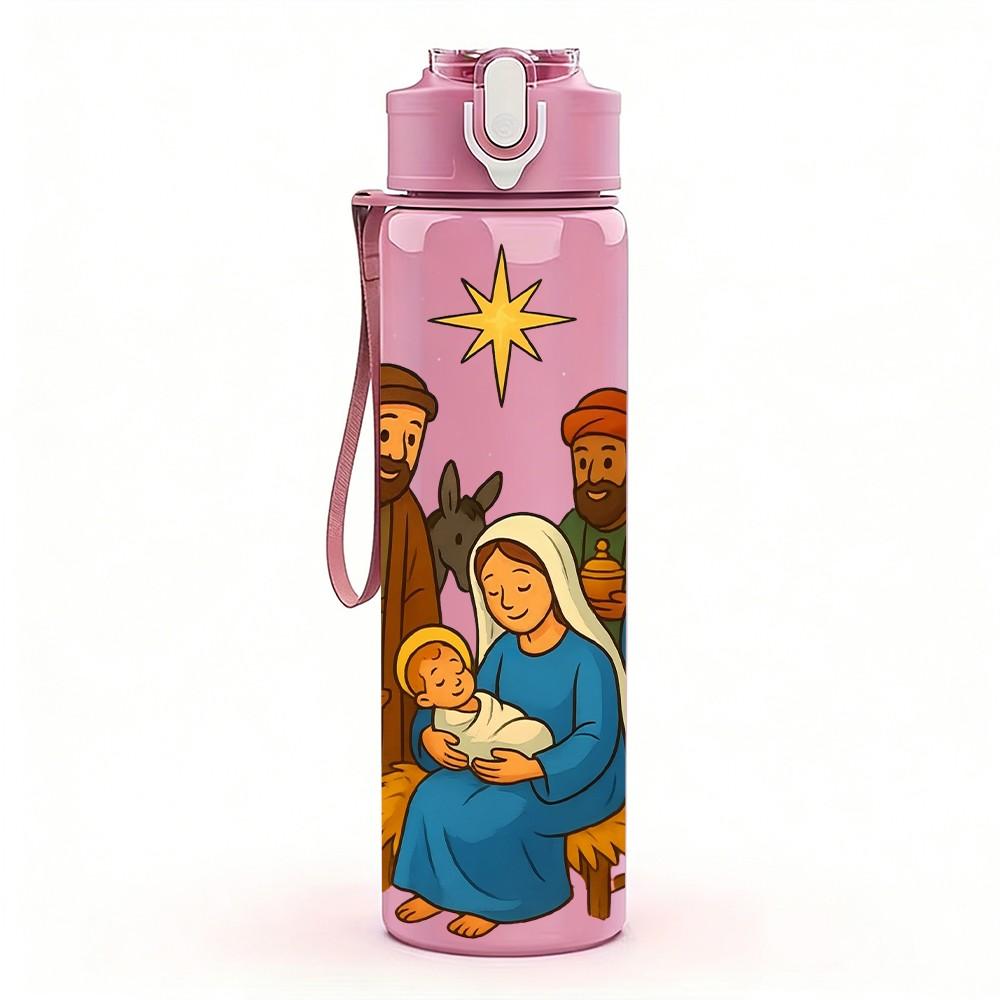 1PC Nativity Scene Holy Family Print 750ml Color Plastic Sports Water Bottle Leakproof Flip Straw Lid Suitable for Sports Office Home Use