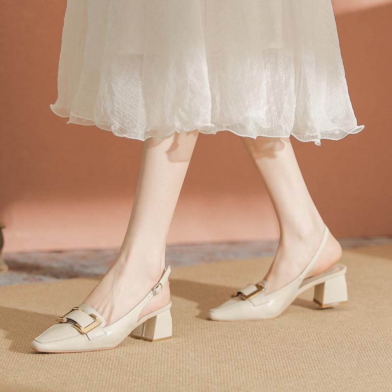 Spot Leather Bag Head Sandals Women's Summer New Thick Heel Light Mouth Empty Women's Shoes Thick Heel Single Shoes