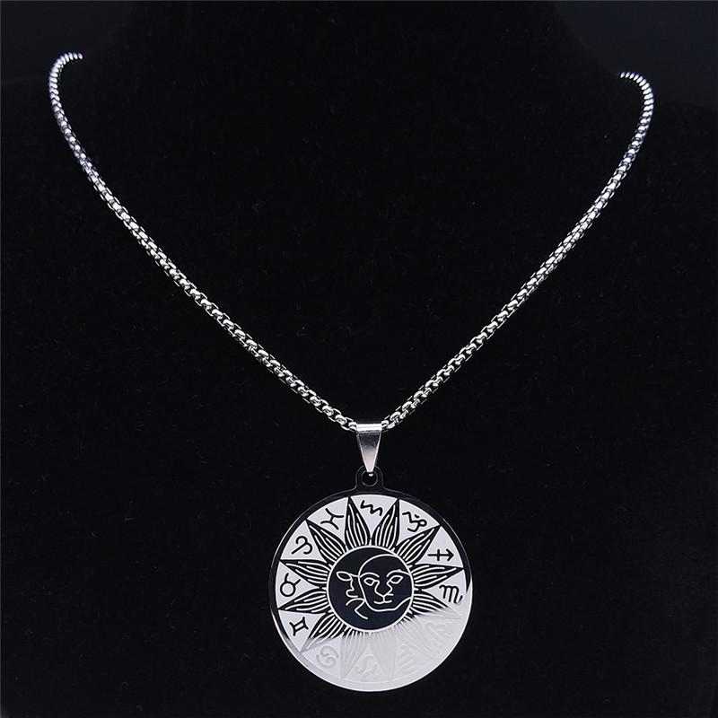 12 Constellations Sun Moon Astrology Stainless Steel Chain Necklace Silver Color Jewelry collier signe astrologique 3425-QKC