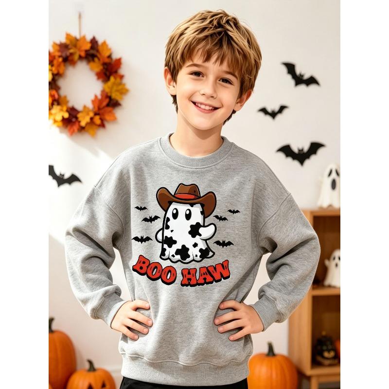 European sizes Halloween Boys Graphic Crewneck Sweatshirt Cute Beanie Glasses Print Long Sleeve Pullover Funny Bruh Text Top Kids Fall Gift