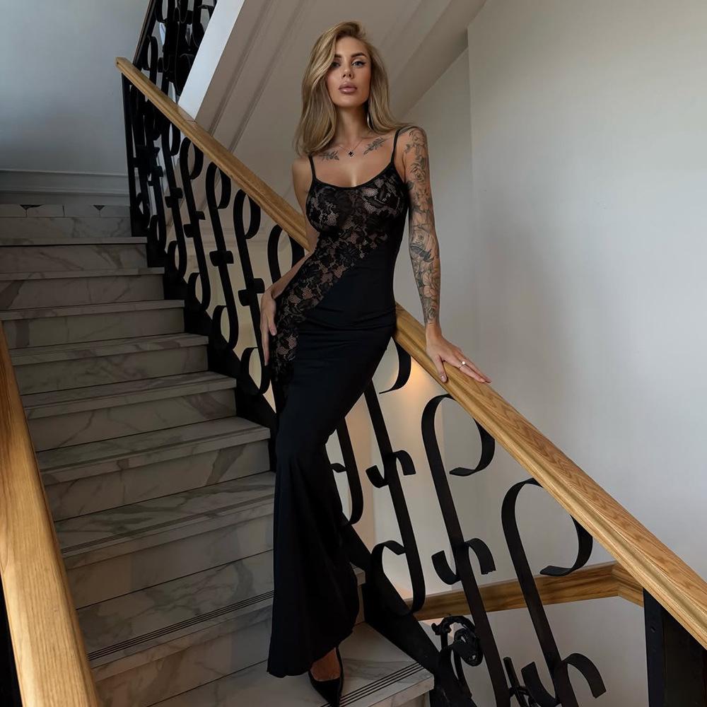 2026 Spring Elegant Lace Low-cut Sexy See-through Spaghetti Strap Dress for Women