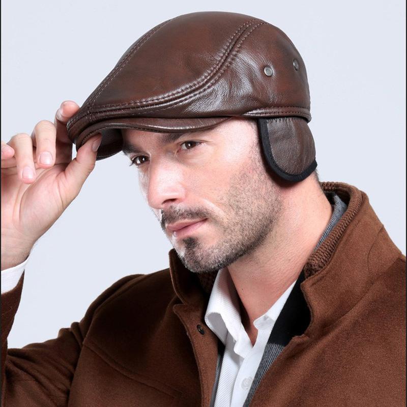 Podzimní a zimní kšiltovka z pravé kůže pro muže, klobouk z hovězí kůže