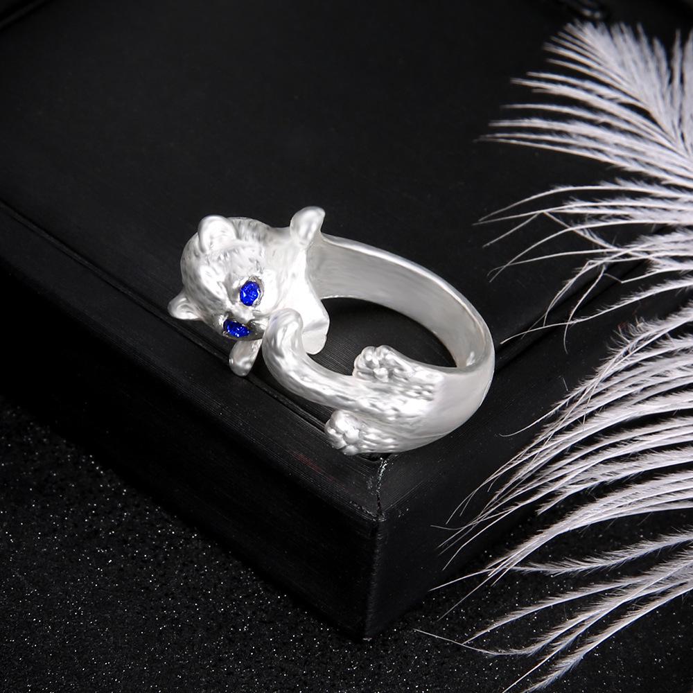 Alloy Diamond-Set Personalized Open Blue-Eyed Cat Ring, Handmade Creative Jewelry Women'S Jewelry