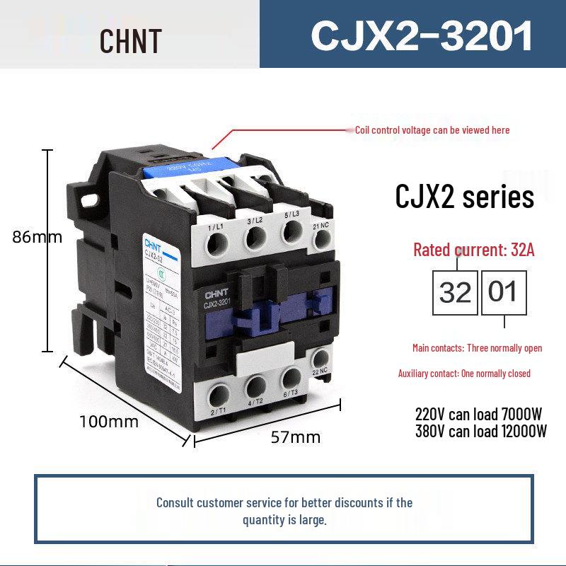 Chint Three-Phase AC Contactor CJX2 Series, 220V/380V, Models: 0910, 1210, 1810, 2510