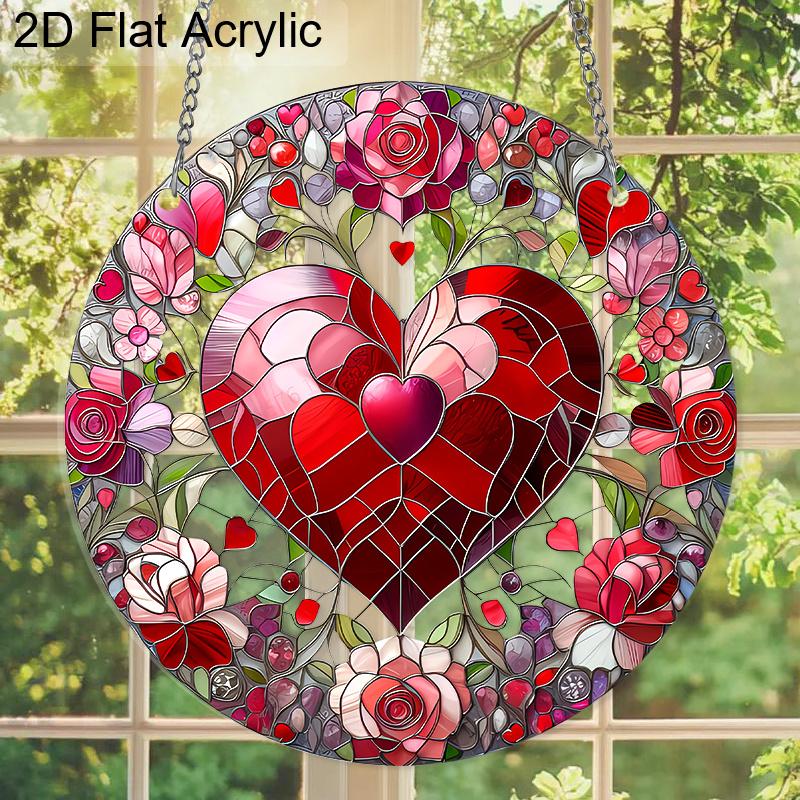 Acrylic Heart & Roses Suncatcher, Stained Glass Effect Window Hanging Ornament for Love & Valentine's Day Lover Gifts