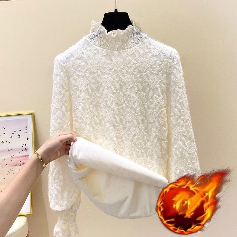 Women's Thick Lace Bottom Half High Neck Patchwork Ruched Long Sleeve Pullover Slim Top