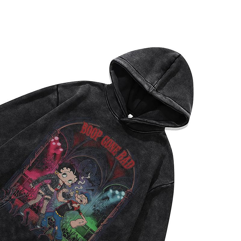 430G Heavy Cotton Washed Old Hooded Sweater American Retro Cartoon Printed Hoodie Jacket Men