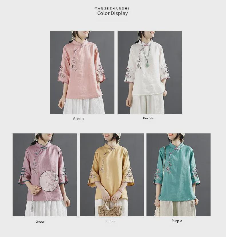 2024 Retro Chinese Cotton Linen Shirt: Women's Spring/Summer Stand-Up Collar Button Top with Embroidered Slant Lapel