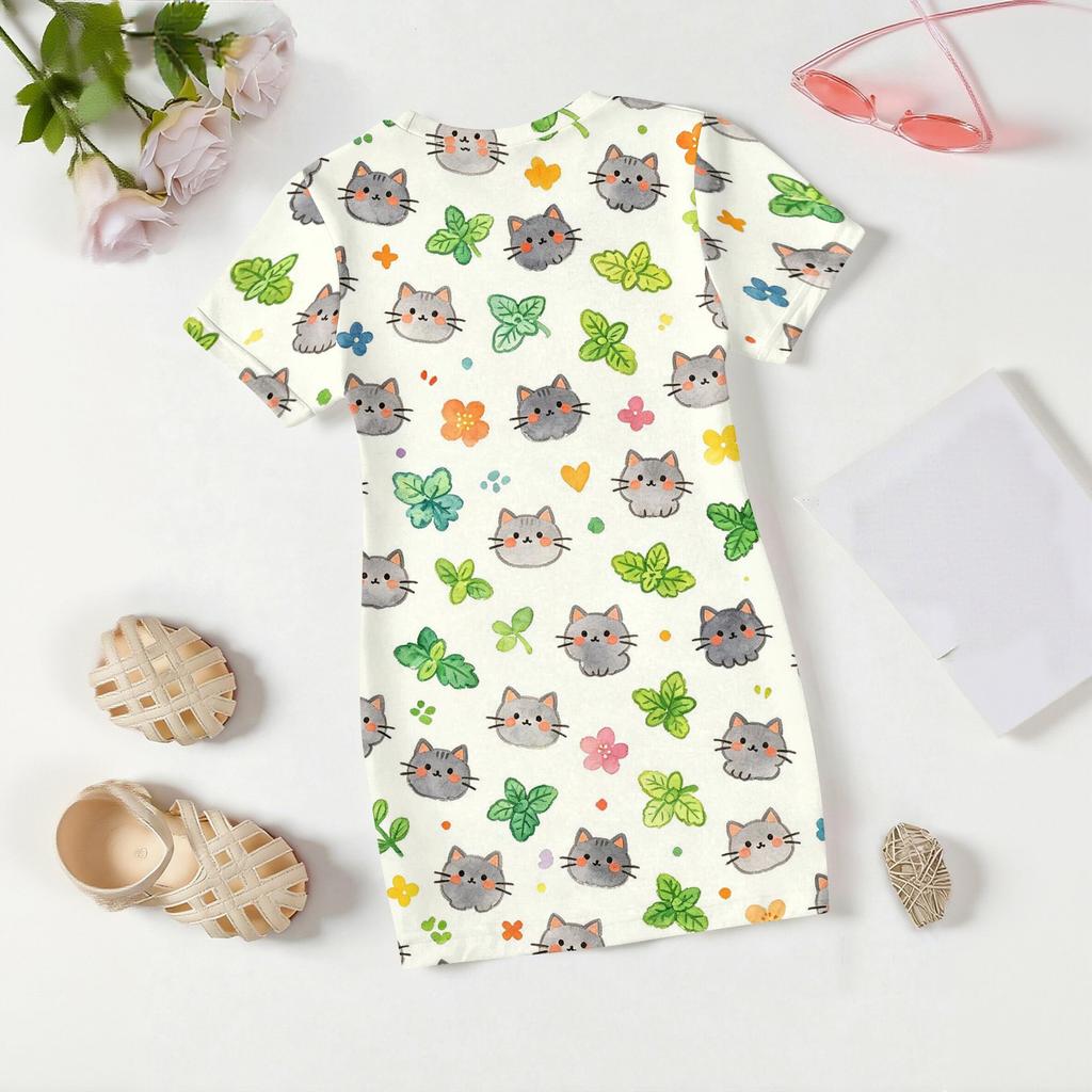 Mädchen lockeres kurzärmeliges Kleid leicht rundhalsig lässiges Kleid mit Tiermotiv bequemes Sommerkleid für Kinder
