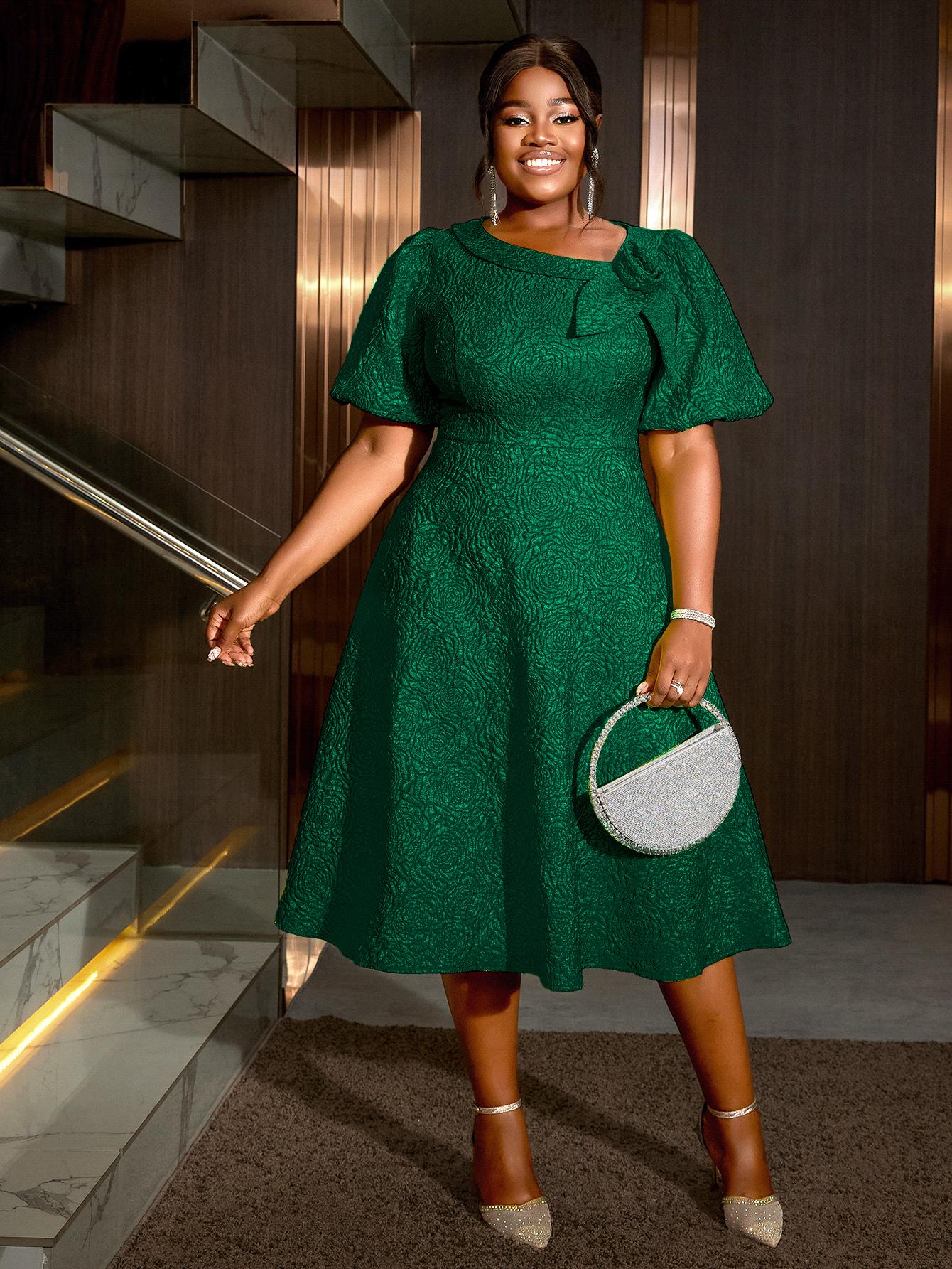 

AOMEI жаккардовые платья миди А-силуэта с неровным вырезом и 3D-цветком для женщин с рукавами-фонариками, вечерние платья для мероприятий 1XL