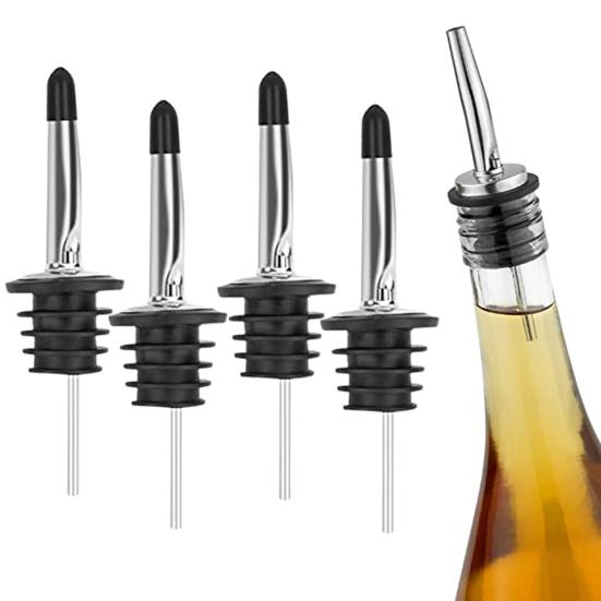 4Pcs Stainless Steel Olive Oil Spout Wine Stoppers with Sealed Dust Caps Leak Proof Liquor Bottle Pourers Speed Pour Spouts Bar Tools