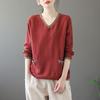 Camiseta de algodón para mujer, de manga larga, con cuello en V y estampado floral, holgada, de talla grande, para primavera y otoño