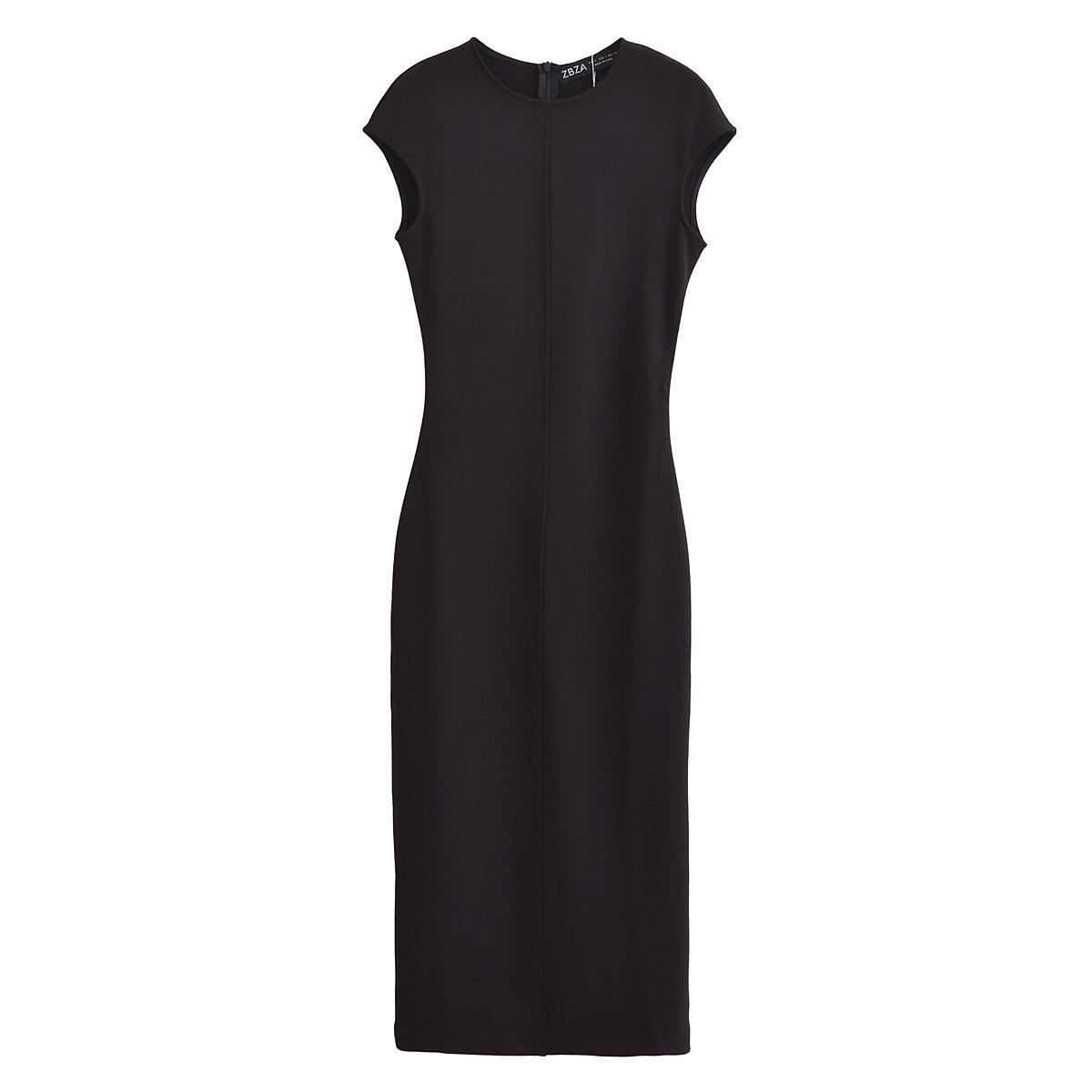 

Весна 2025 Женское платье миди из крепа в европейском и американском стиле, приталенное, с круглым вырезом и коротким рукавом Small чёрный