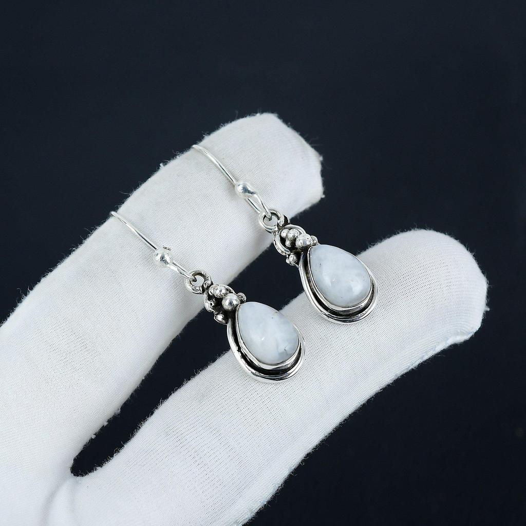 Natural Rainbow Moonstone Gemstone Earrings, 925 Sterling Silver Earring, Handmade Boho Silver Jewelry Dangle Earrings, Engagement Gift