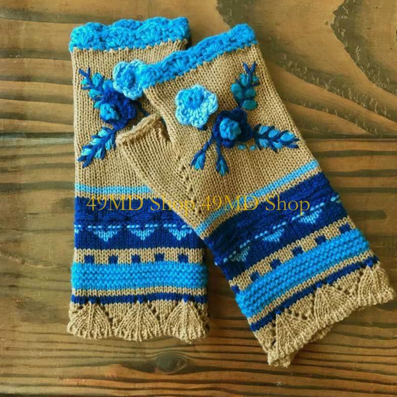 49MD Women Winter Knit Fingerless Gloves Multicolor Crochet Floral Thumbhole Mittens