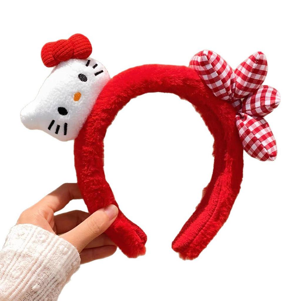 Women's Cute Red Bow Kitty Cat Plush Headband - Cartoon Hair Accessory for Washing Face & Styling, Perfect for Autumn/Winter.